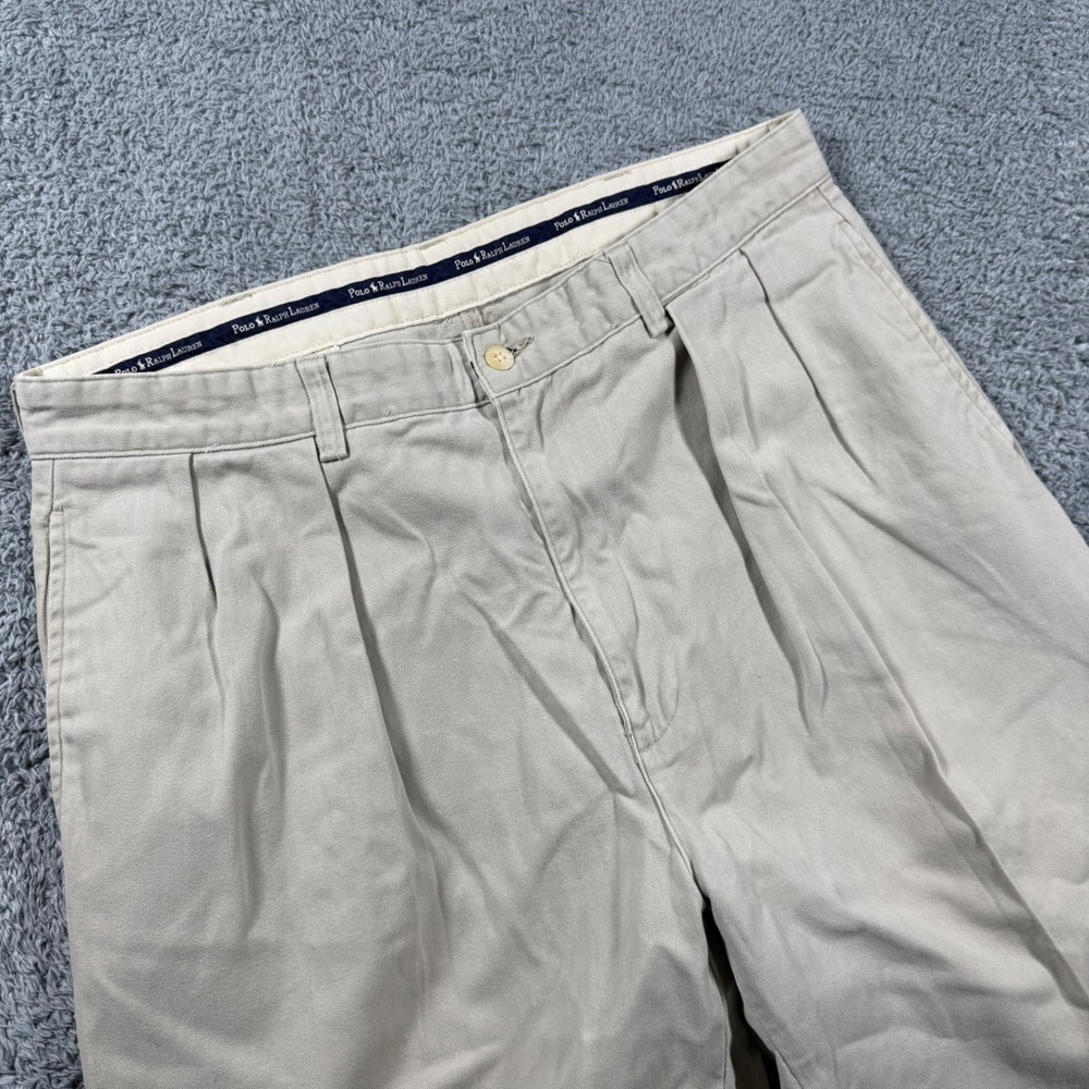 VTG Polo Ralph Lauren Andrew Pant Mens 35x32 Tan Double‎ Pleated Chino Khaki